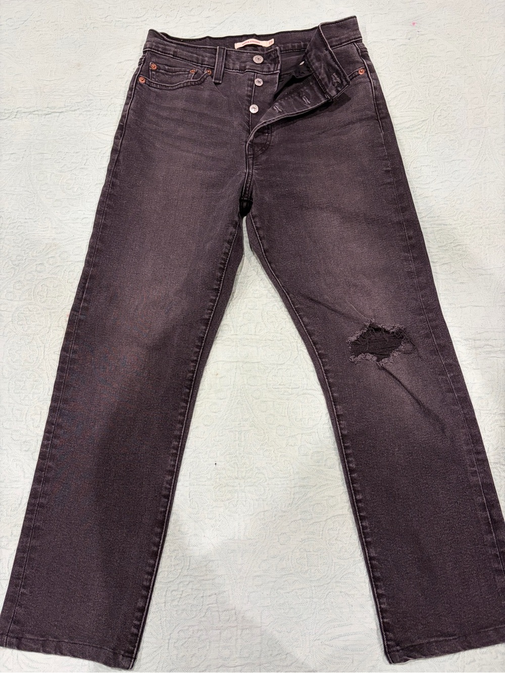 Levi's Wedgie Black Straight Leg Jeans with Knee Rip